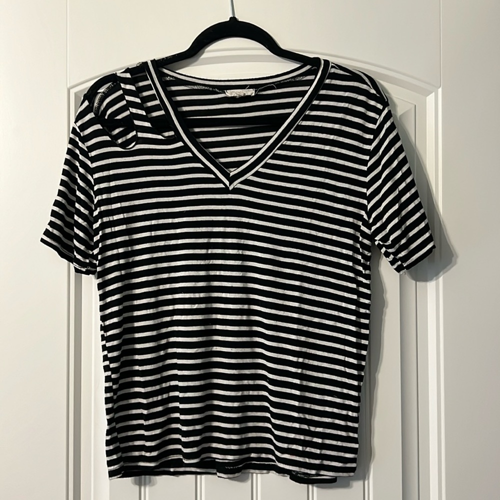 V- neck, Shoulder Ripped, Striped Top